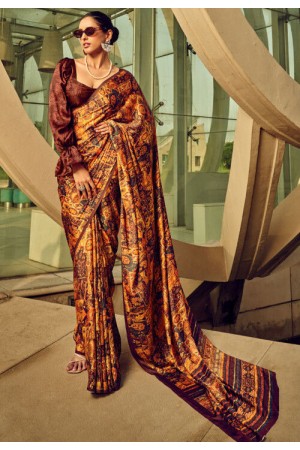 Digital Print satin saree in Brown color 1406