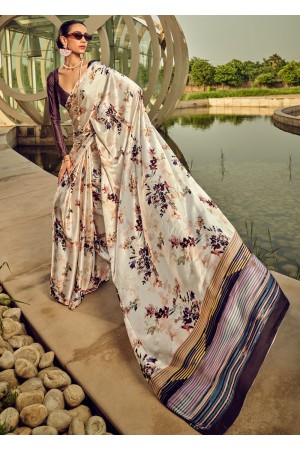 Digital Print satin saree in Off white color 1404