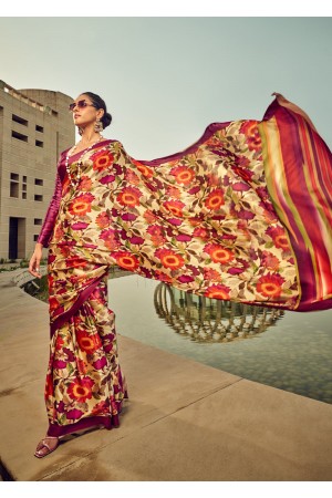 Digital Print satin saree in orange and pink color 1403