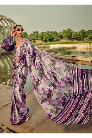 Digital Print satin saree in Purple color 1402