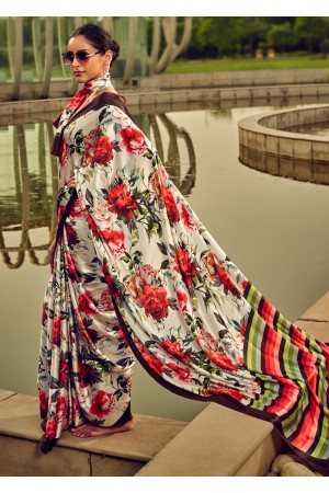 Digital Print satin saree in white color 1409