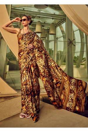 Digital Tiger stripes Print satin saree in Golden brown color 1408