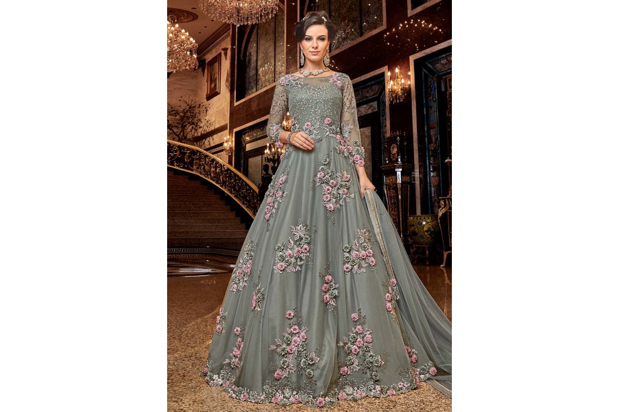 Net Elegant Grey Floor Length Sangeet Wear Anarkali Suit