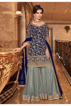 Navy blue net embroidered Wedding wear sharara suit