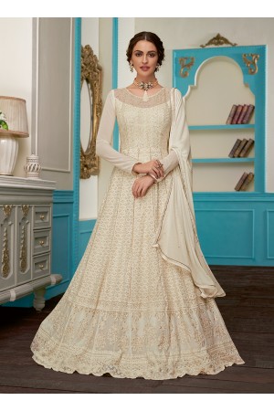 White Georgette Party Wear Embroidery Work Anarkali Suit