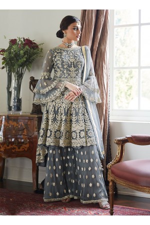 Grey Net Wedding Wear Embroidery Work Sharara Suit