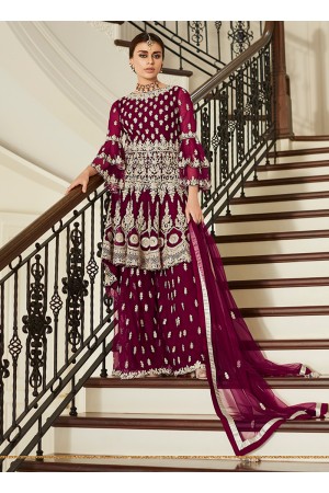 Purple Net Wedding Wear Embroidery Work Sharara Suit