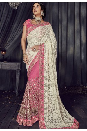 Off White and pink Color Lucknowi designer party wear saree