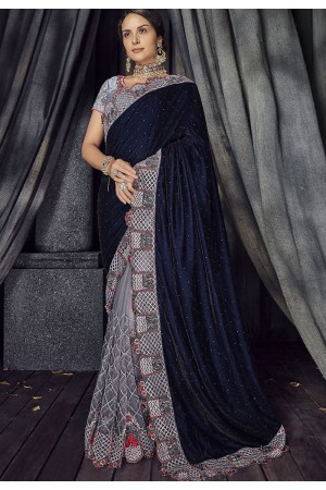 Navy blue and grey Color velvet designer party wear saree