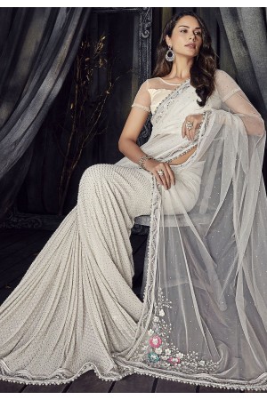 White Color net designer party wear saree