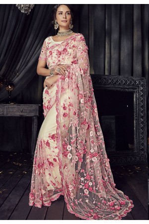 White and pink net Color designer party wear saree