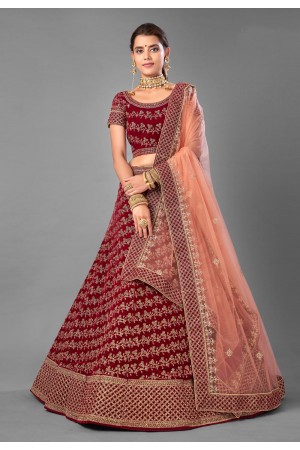 Maroon embroidered velvet bridal lehenga choli 7003