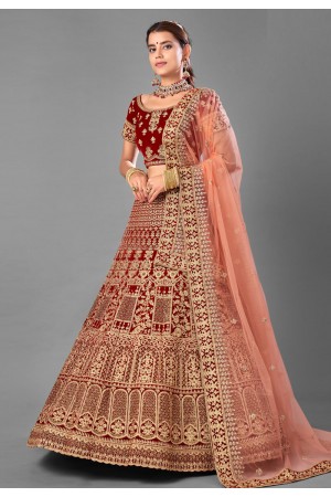 Maroon embroidered velvet bridal lehenga choli 7005