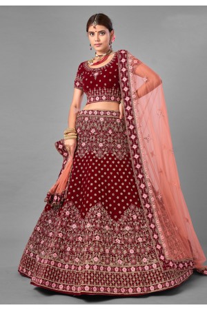 Maroon embroidered velvet bridal lehenga choli 7008