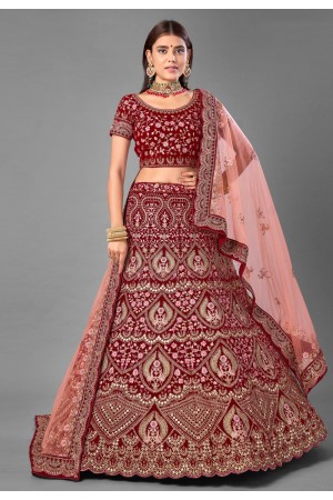 Maroon embroidered velvet bridal lehenga choli 7010