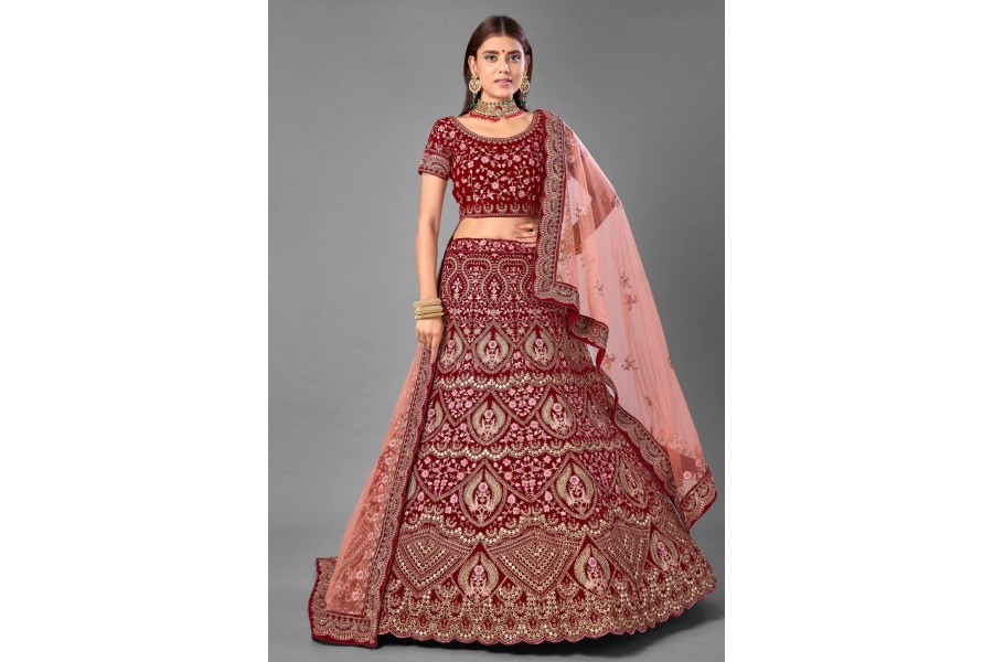 Velvet Excellent Maroon Stone Cording Bridal Style Lehenga Choli main image 1