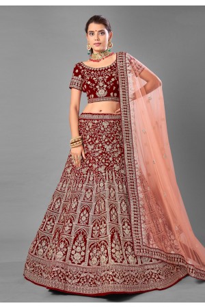 Maroon velvet embroidered bridal lehenga choli 7001