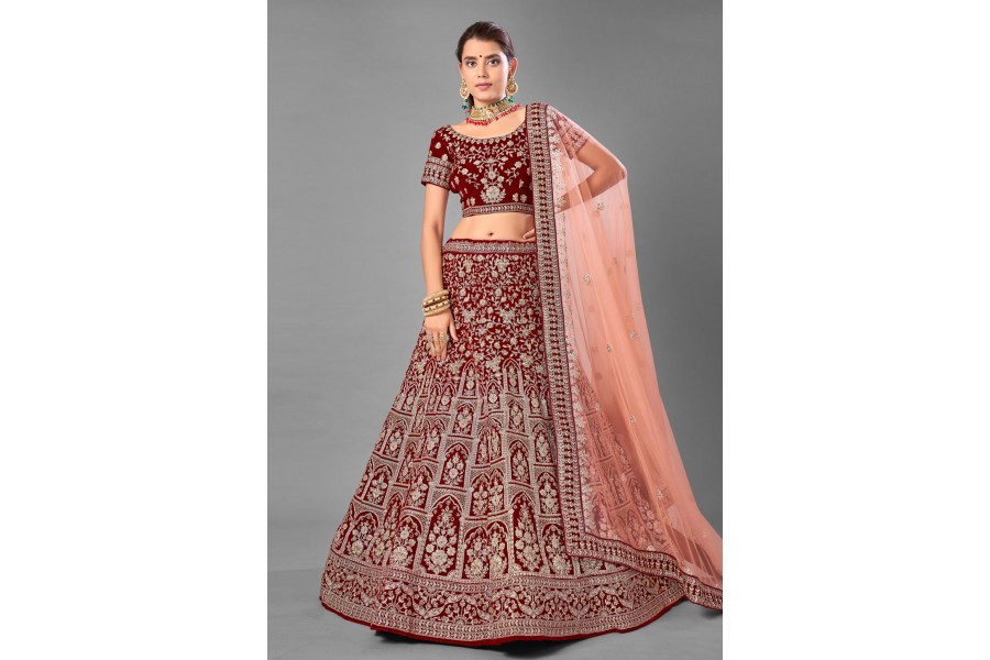 Velvet Dazzling Maroon Stone Cording Bridal Style Lehenga Choli