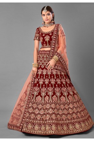 Maroon velvet embroidered bridal lehenga choli 7006