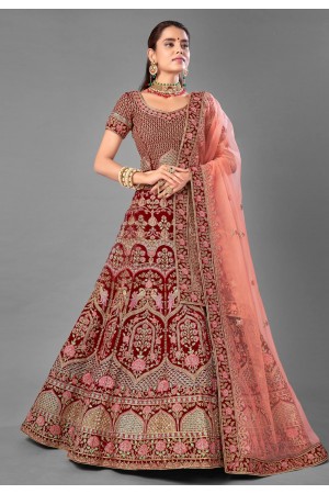 Maroon velvet embroidered bridal lehenga choli 7011