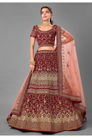 Maroon velvet embroidered wedding lehenga choli 7004