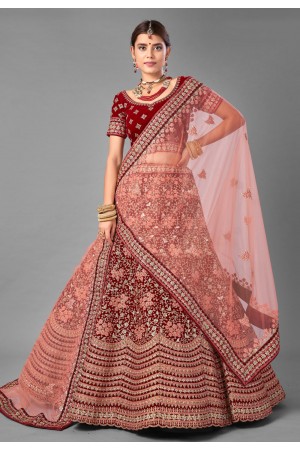 Maroon velvet embroidered wedding lehenga choli 7009