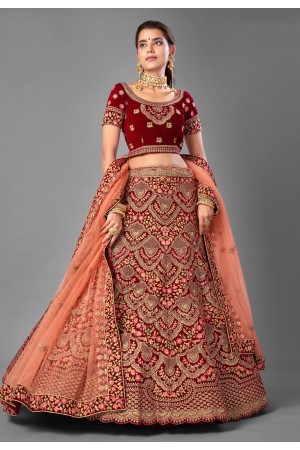 Maroon velvet wedding lehenga choli 7002