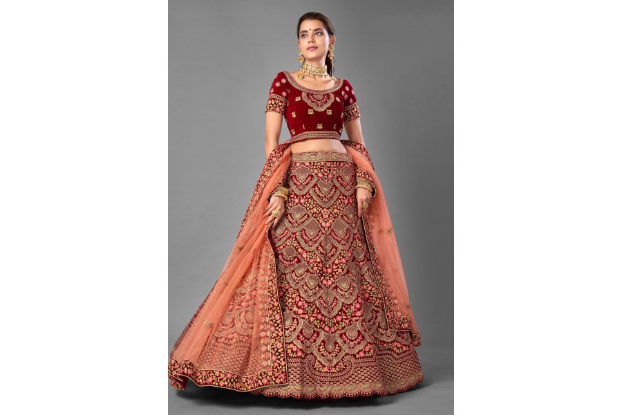 Maroon Velvet Lehenga Choli main image 1