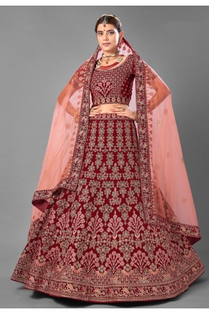 Maroon velvet wedding lehenga choli 7007