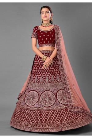 Maroon velvet wedding lehenga choli 7012