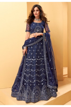 Navy blue net mirror work lehenga choli 1027A