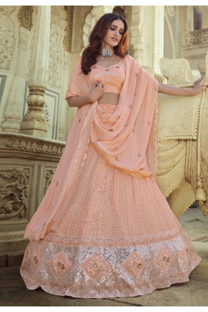 Peach georgette sequins work lehenga choli 7706