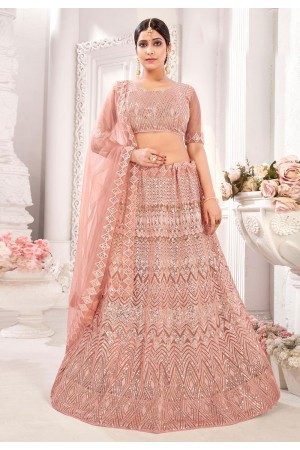 Peach net sequins work lehenga choli 126646