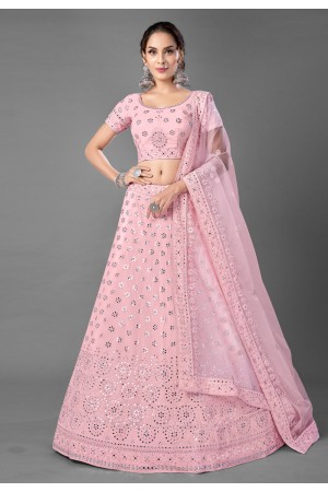 Pink georgette mirror work lehenga choli 6906