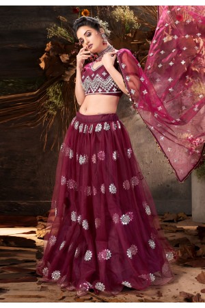 Purple net mirror work lehenga choli 1070