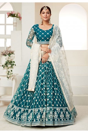 Teal embroidered net lehenga choli 3004