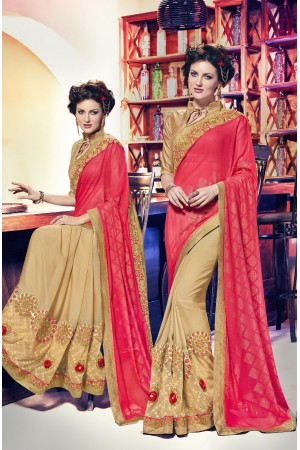 Party-wear-beige-pinky-red-color-saree