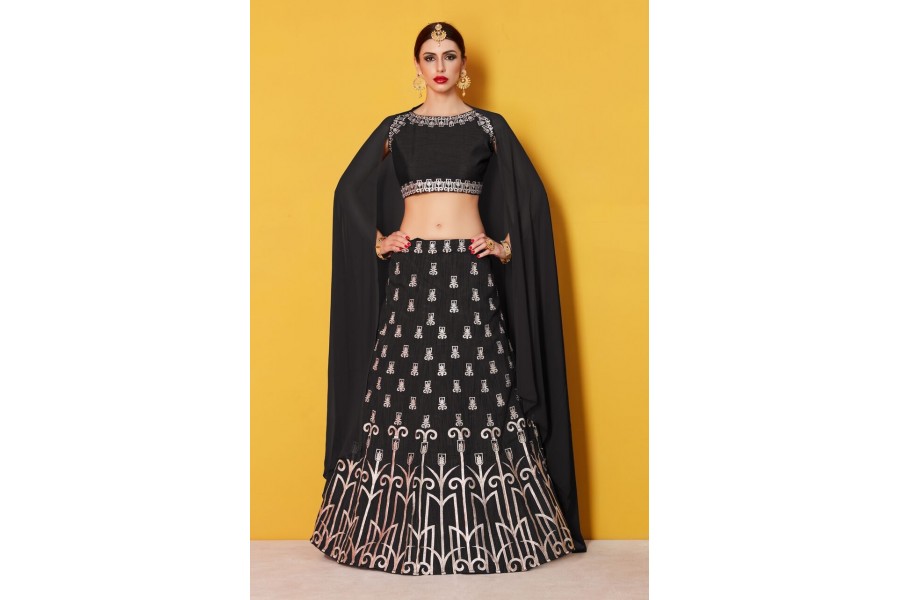 Art Silk Black Embroidered Festive Lehenga Choli