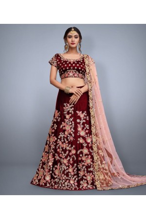 Maroon velvet Silk Indian wedding wear lehenga choli 745