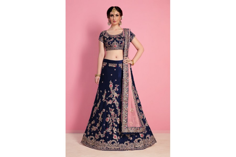Navy blue velvet Indian wedding wear lehenga choli 823
