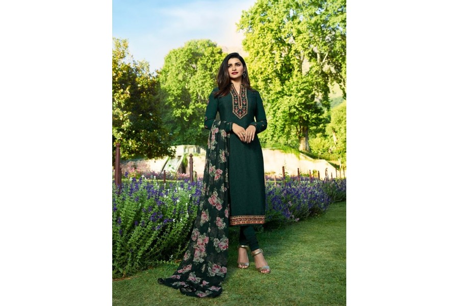 Prachi Desai Bottle Green Crepe silk straight cut Indian Churidar 7894