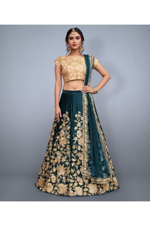 Teal Velvet Silk Indian wedding wear lehenga choli 753