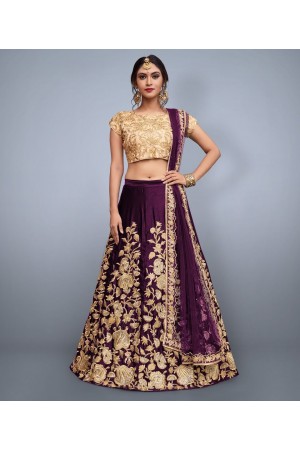 Wine Velvet Silk Indian wedding wear lehenga choli 752