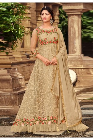 Beige net long anarkali suit 2019