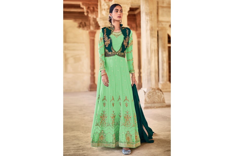 Black & Green Georgette Girlish Semi Backless Anarkali Suit with Mirror work on Designer Neck main image 1