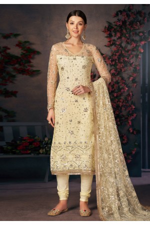 Light yellow net sequence churidar suit 227