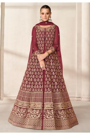 Maroon net embroidered long anarkali suit 9203