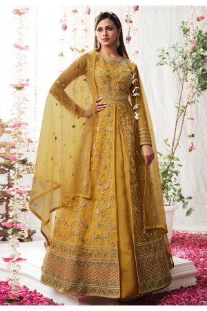 Mustard net center slit anarkali suit 5305