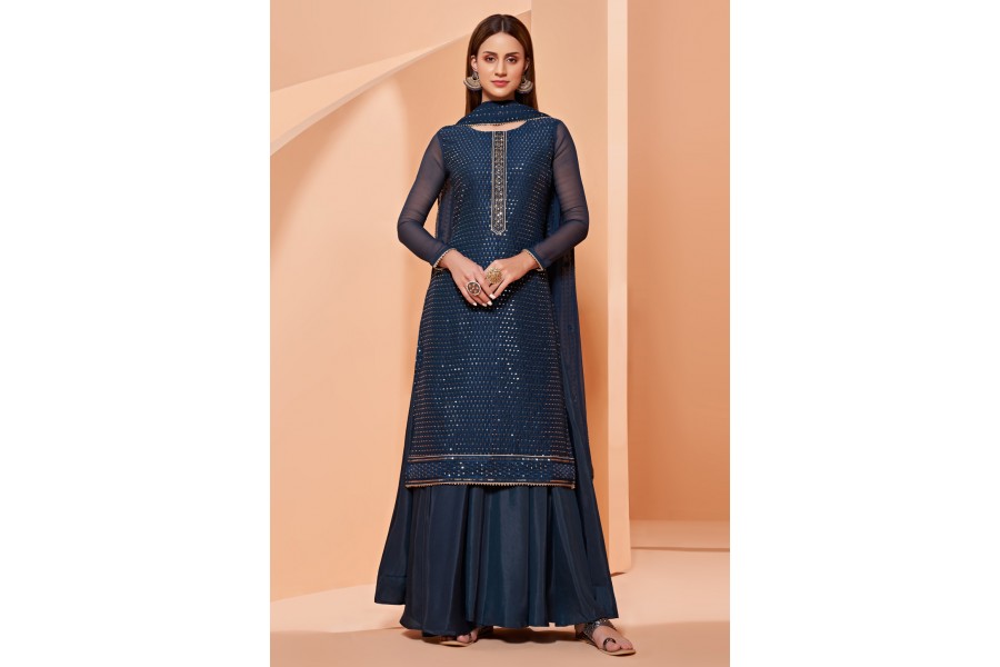 Women Navy Blue Designer Georgette Embroidered Palazzo Suit
