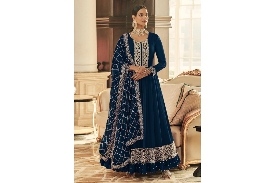 Blue Multicolor Swarovski Net Abaya Style Anarkali Suit